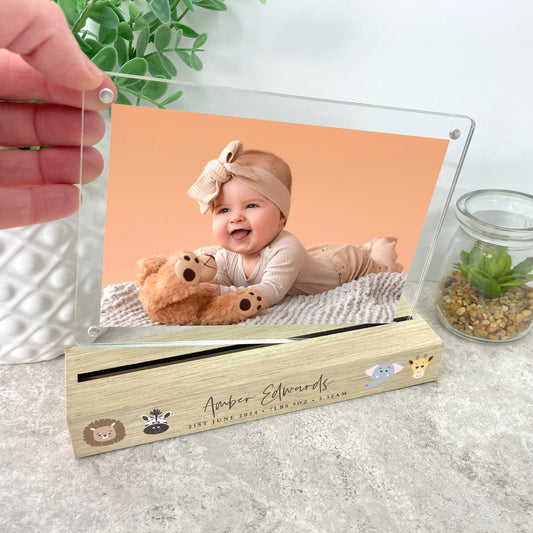 Personalised Jungle New Baby Wooden Base 6x4" Photo Frame