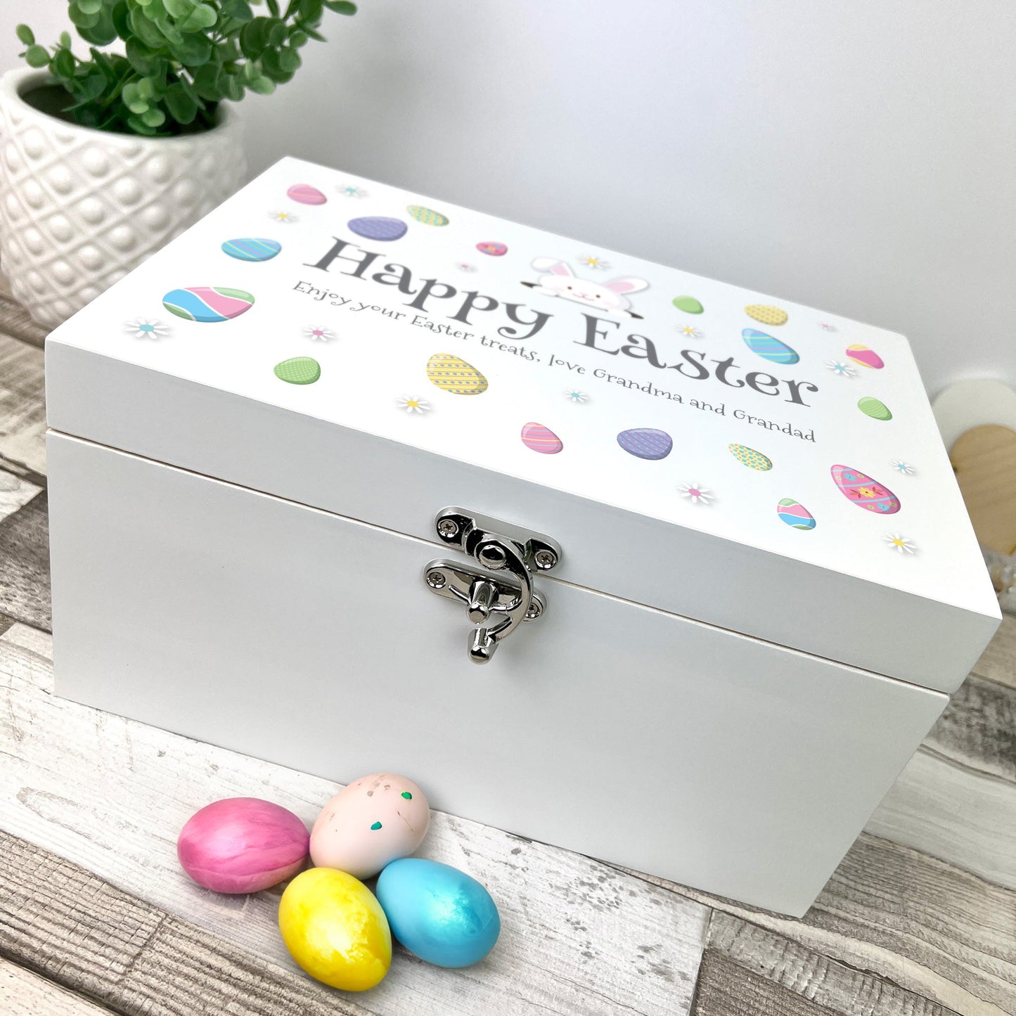 Personalised Pastel Easter Eggs White Hamper Box - 3 Sizes (22cm | 27cm | 30cm)