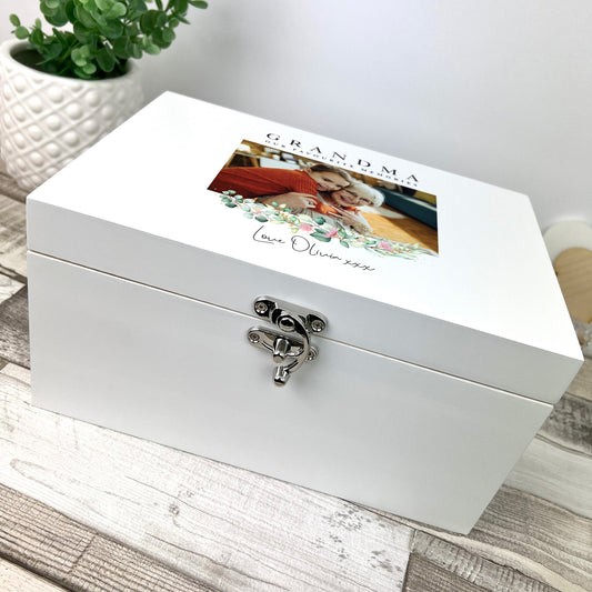 Personalised Floral Photo White Wooden Keepsake Memory Box - 3 Sizes