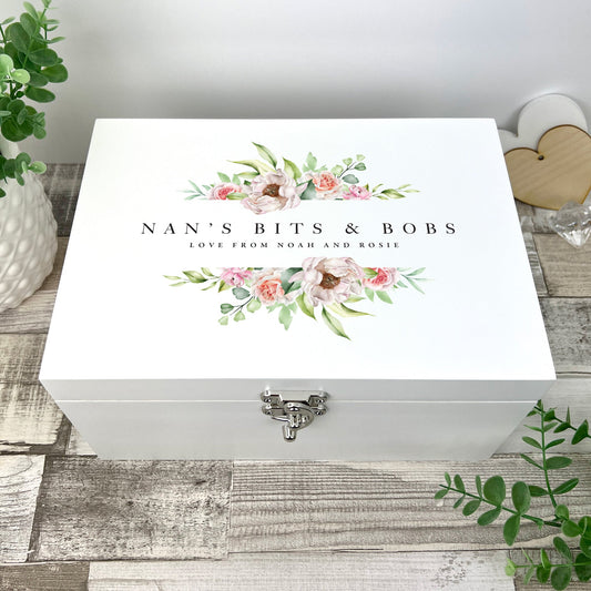 Personalised Any Message Pink Floral White Wooden Keepsake Memory Box - 3 Sizes