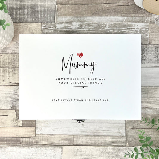 Personalised Any Name/Message Red Heart White Wooden Keepsake Memory Box - 3 Sizes