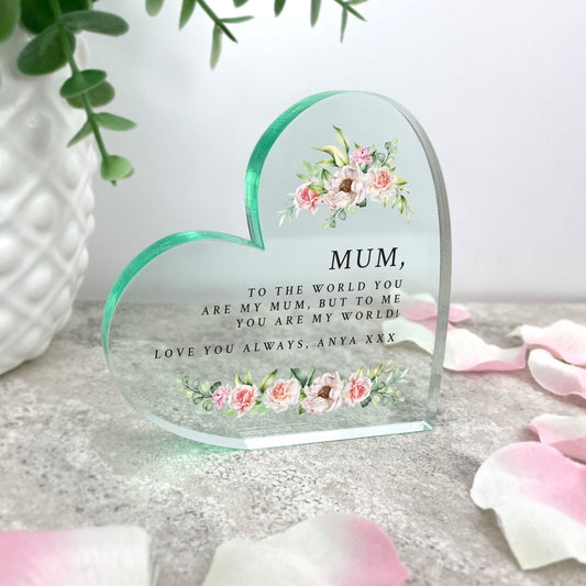 Personalised Any Message Pink Floral Acrylic Freestanding Heart