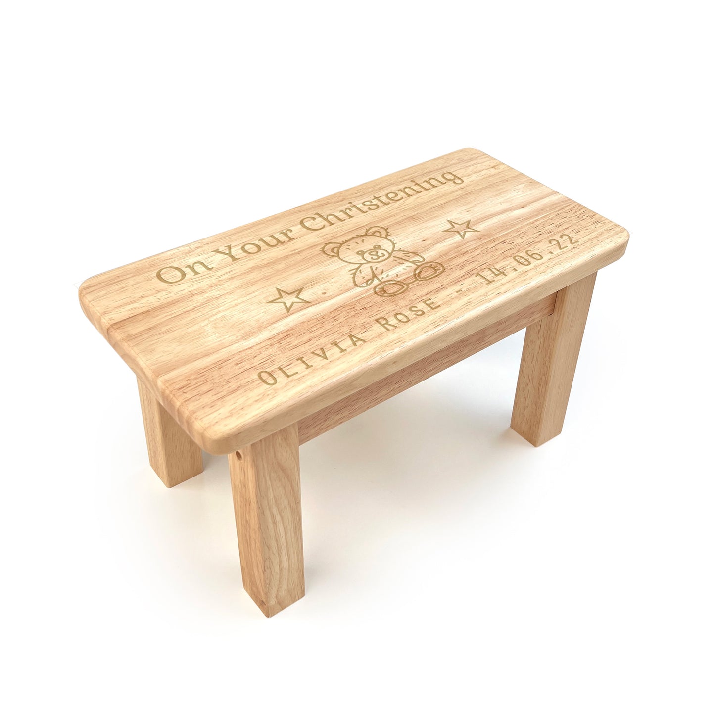 Personalised Rectangular Engraved Wooden Child’s Stool – Teddy Bear Design