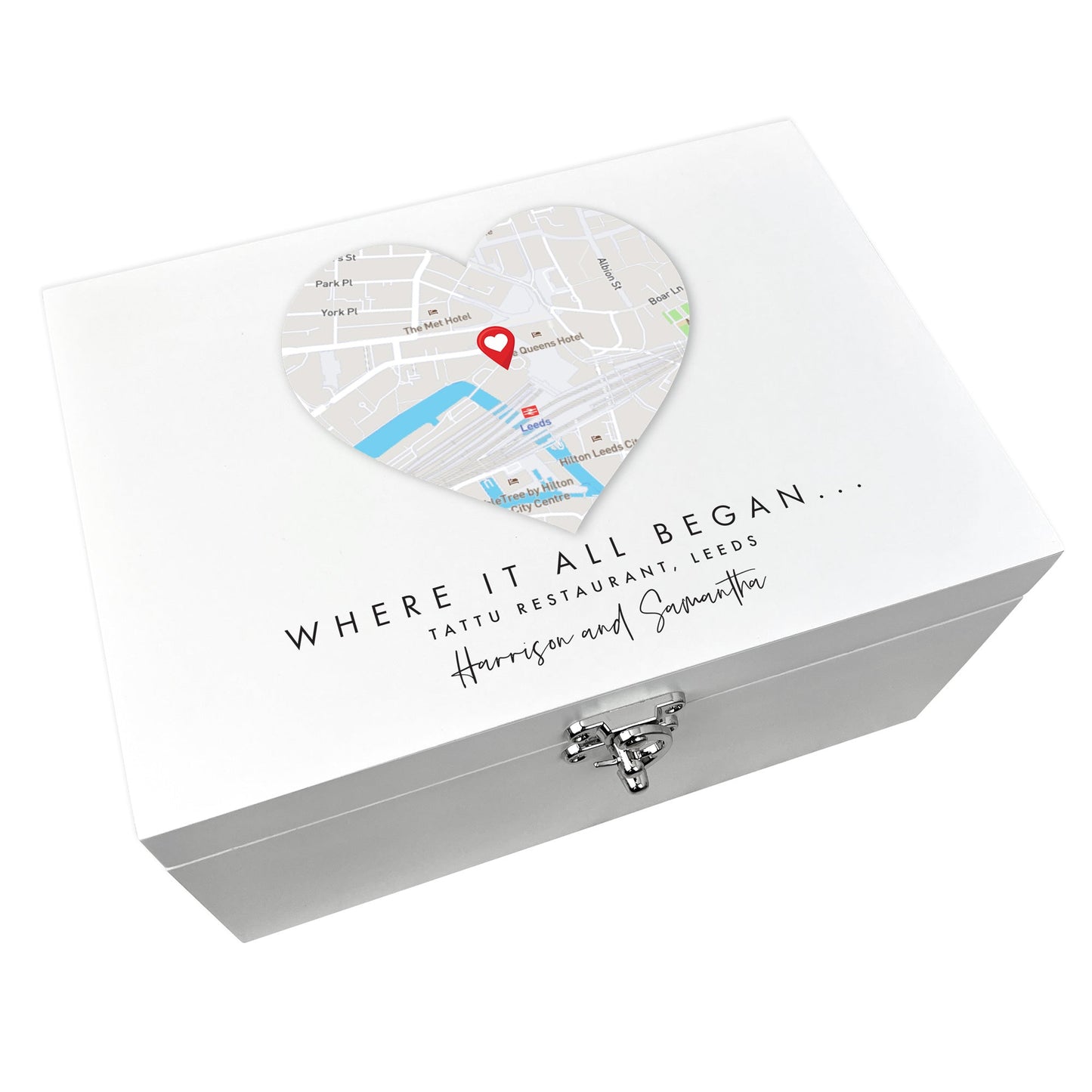 Personalised Heart Map Location White Keepsake Box - 3 Sizes
