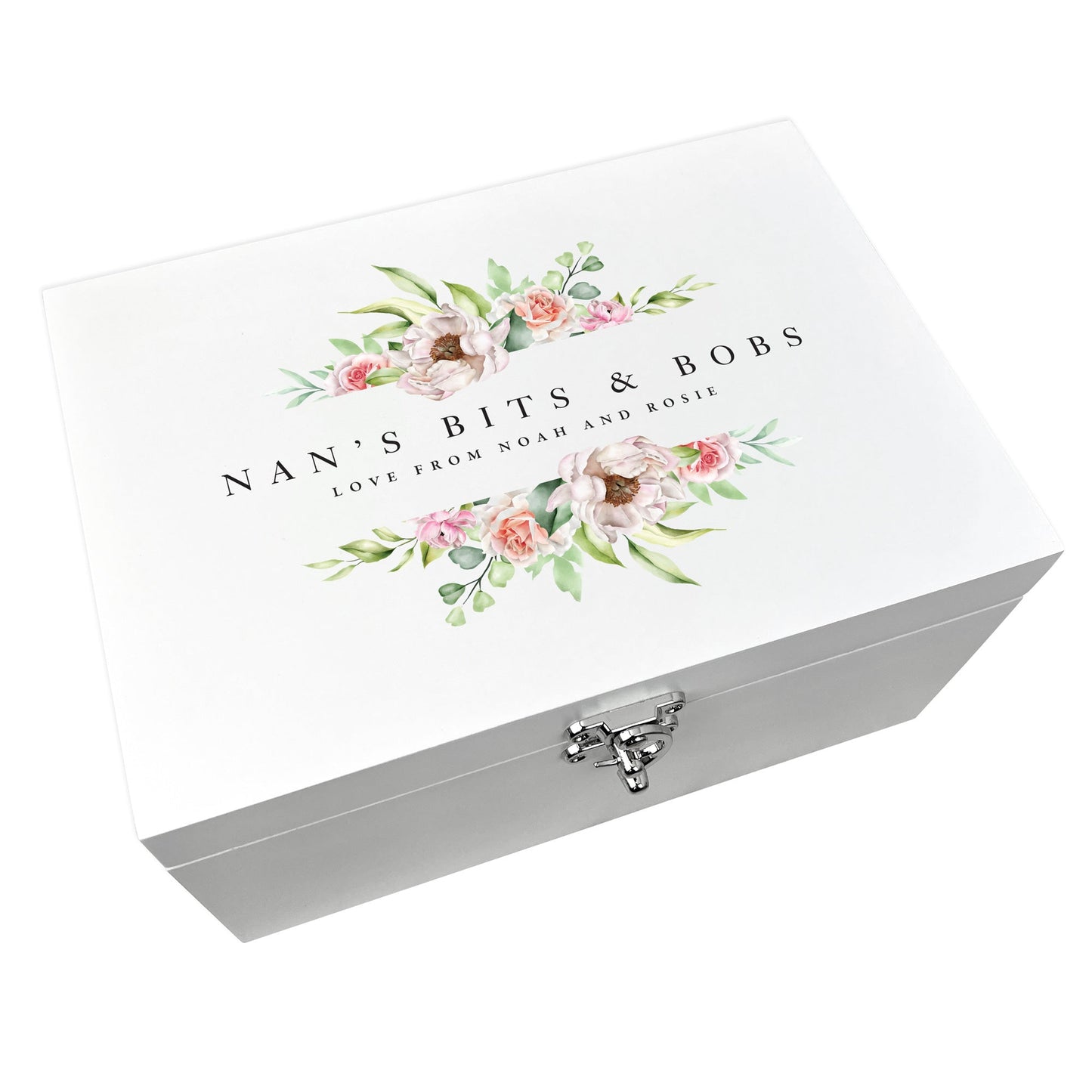 Personalised Any Message Pink Floral White Wooden Keepsake Memory Box - 3 Sizes