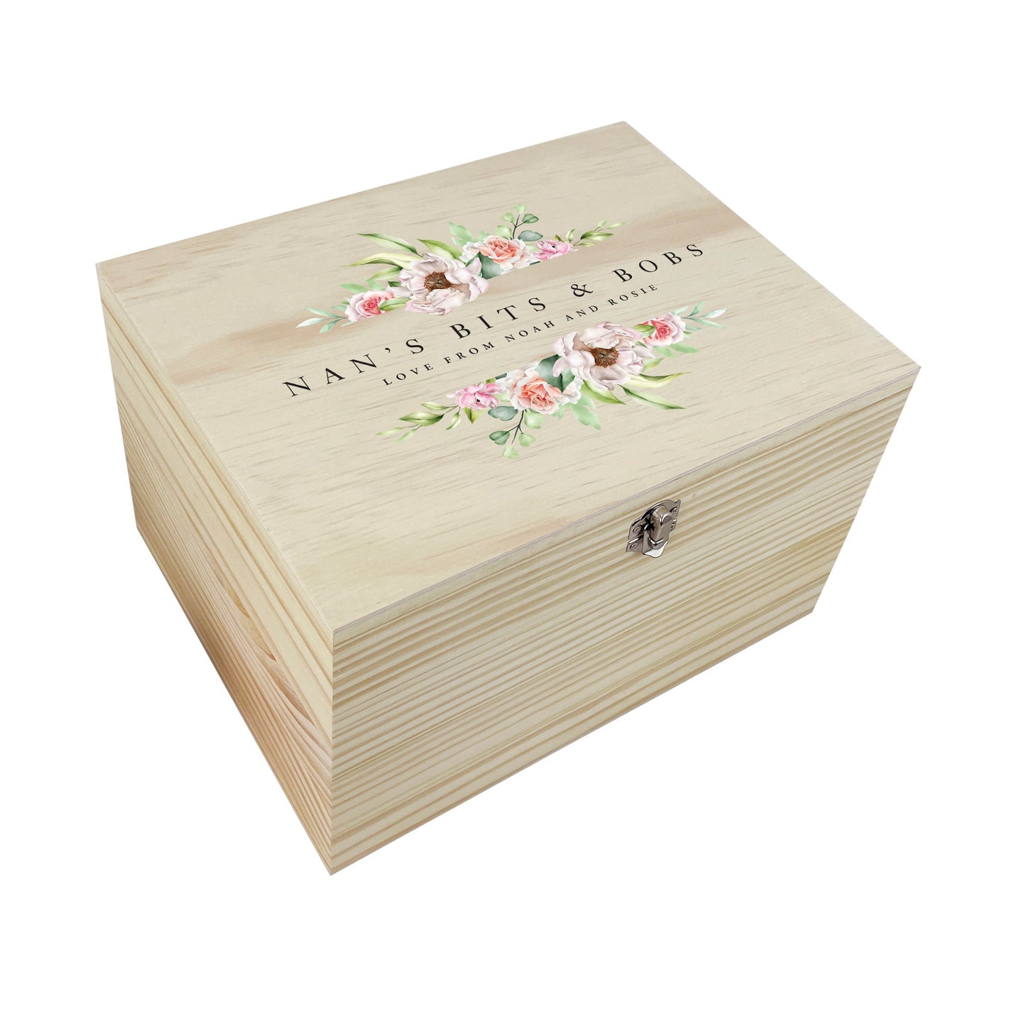 Personalised Any Message Pink Floral Wooden Pine Memory Box - 5 Sizes
