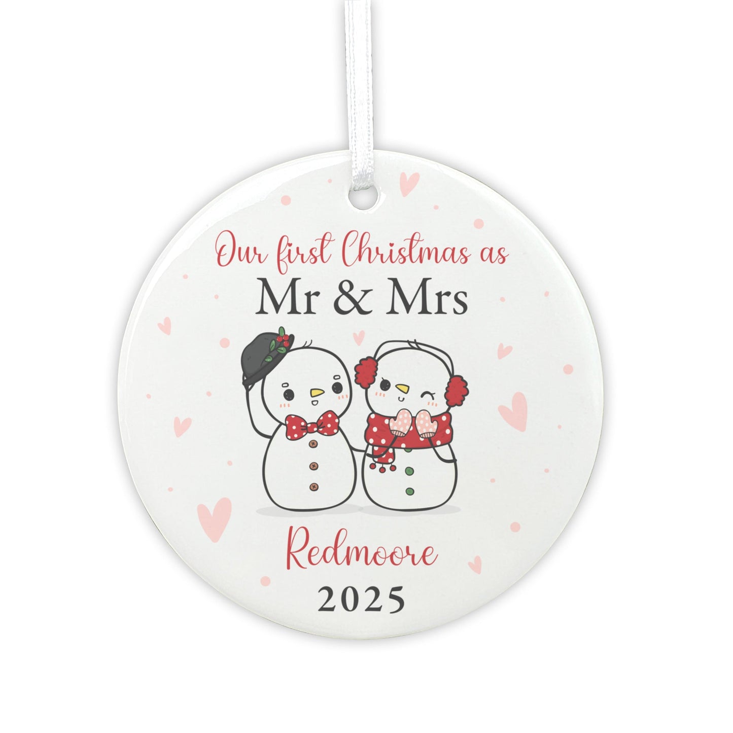 Couples Snowman Ceramic Disc Hanging Decoration + Gift Box