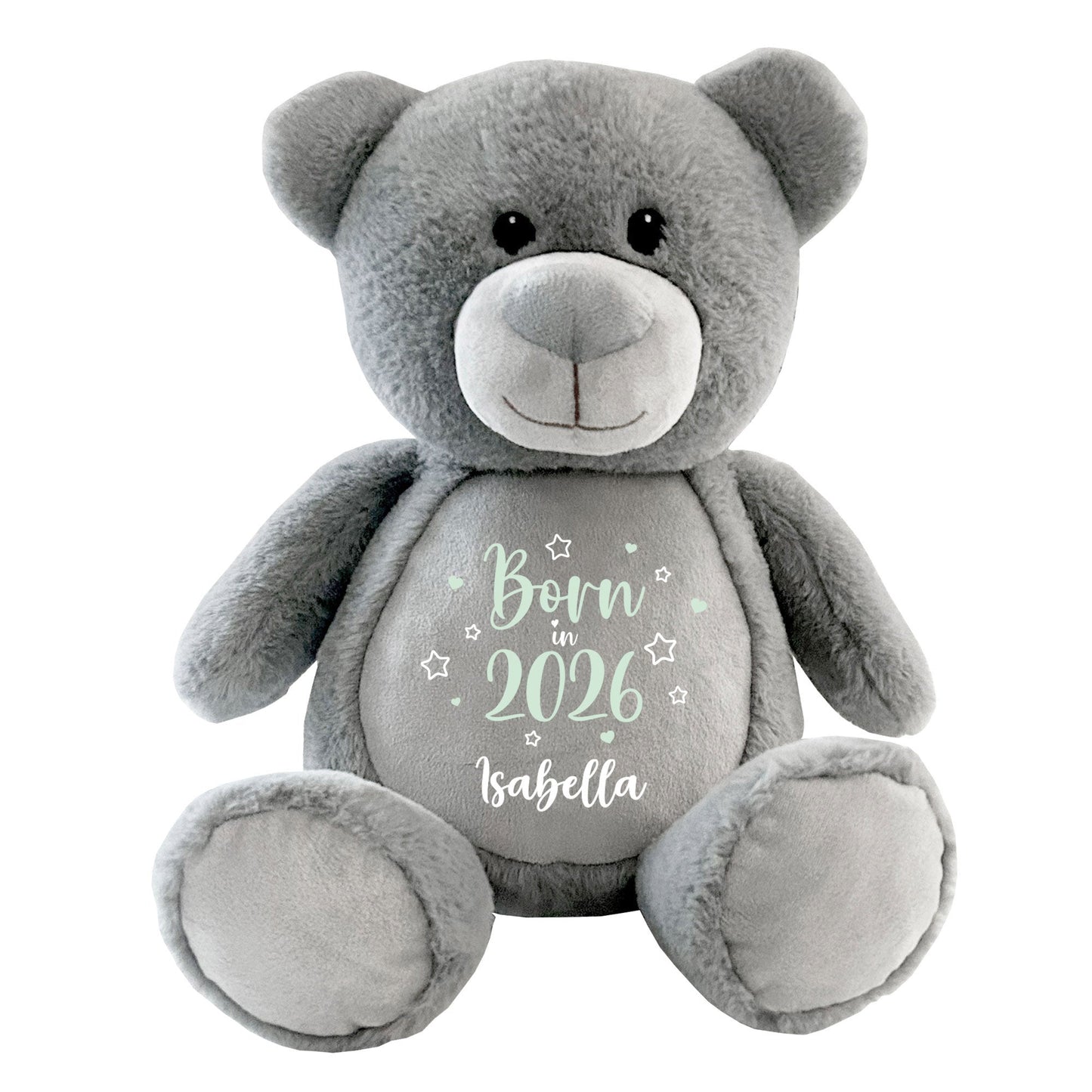 Personalised Born in 2026 Grey Plush Teddy Bear 42cm | New Baby or Christening Gift
