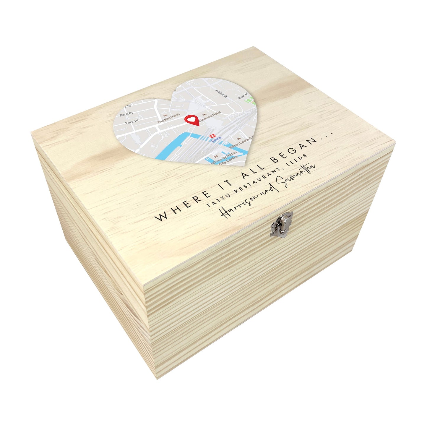 Personalised Heart Map Location Wooden Keepsake Memory Box - 5 Sizes