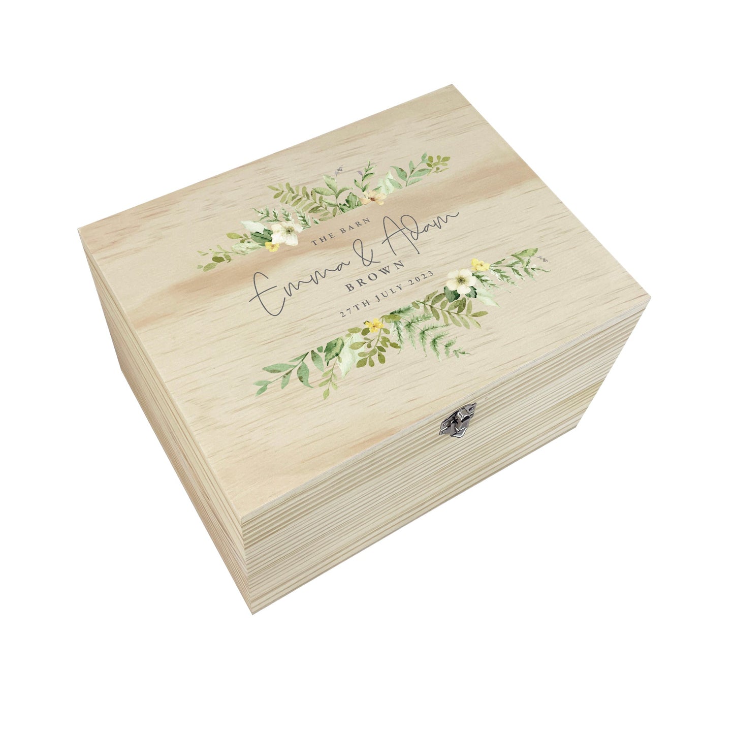 Personalised Wooden Green & Yellow Floral Wedding Keepsake Memory Box - 5 Sizes (16cm | 20cm | 26cm | 30cm | 36cm)