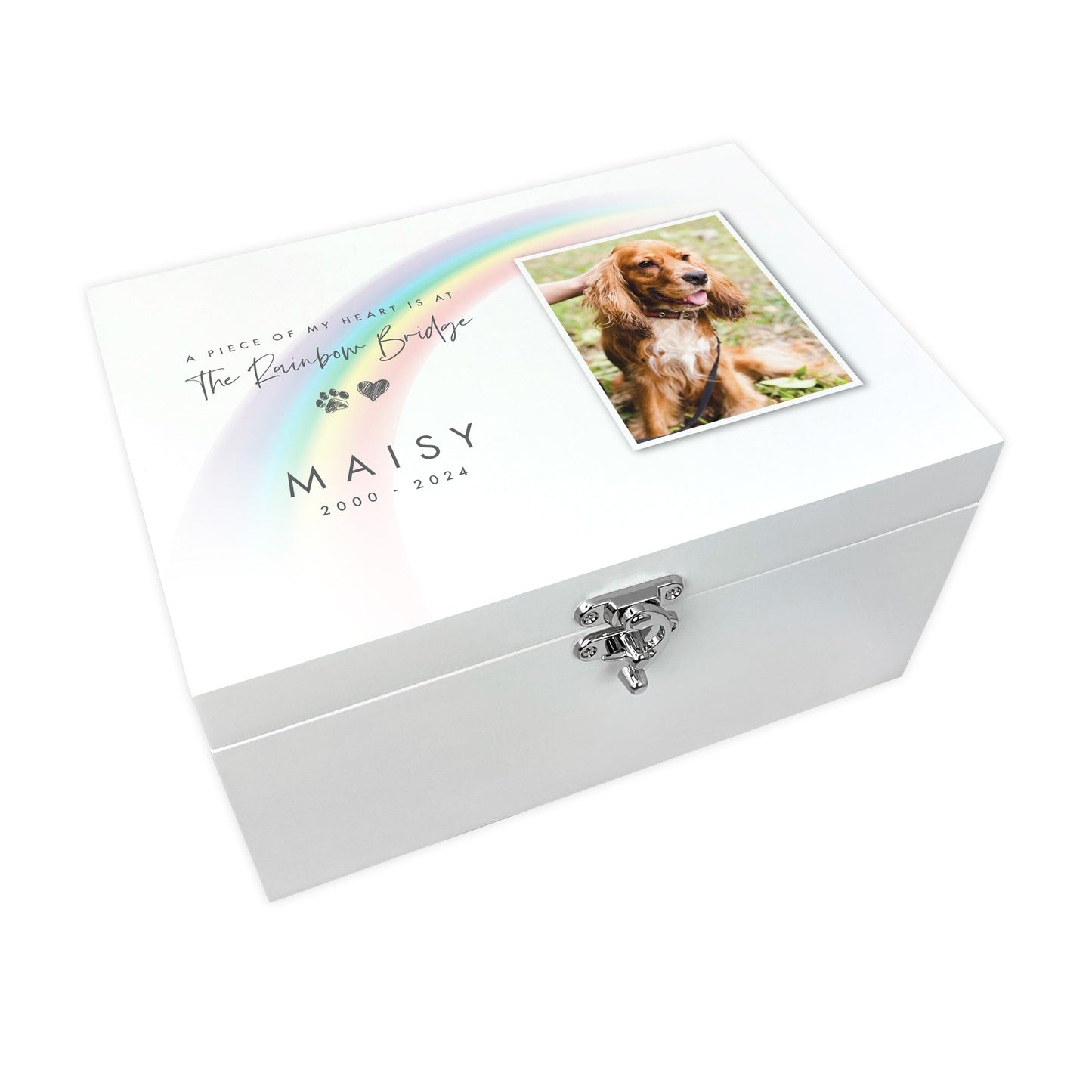 Personalised Rainbow Bridge Pet Photo White Wooden Memorial Keepsake Box - 3 Sizes