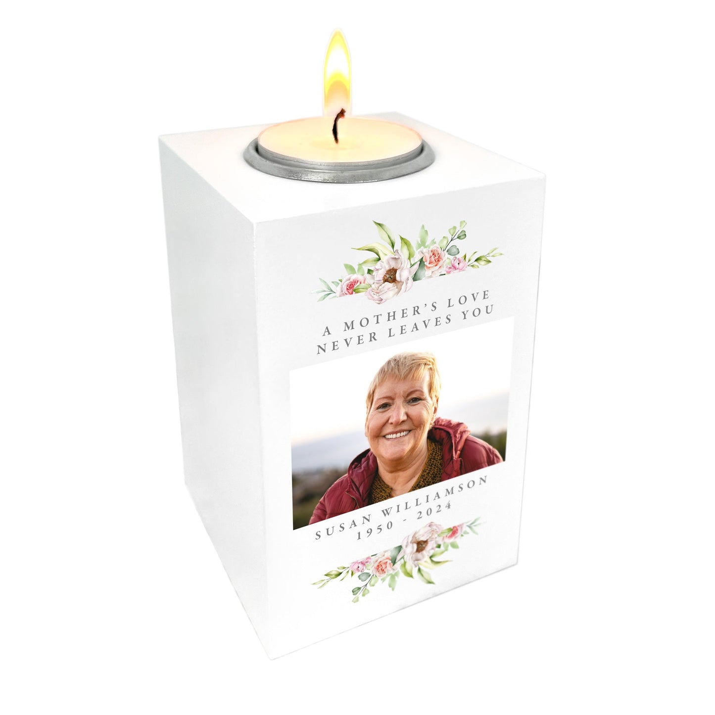 Personalised Any Message Floral White Wooden Photo Tea Light Holder