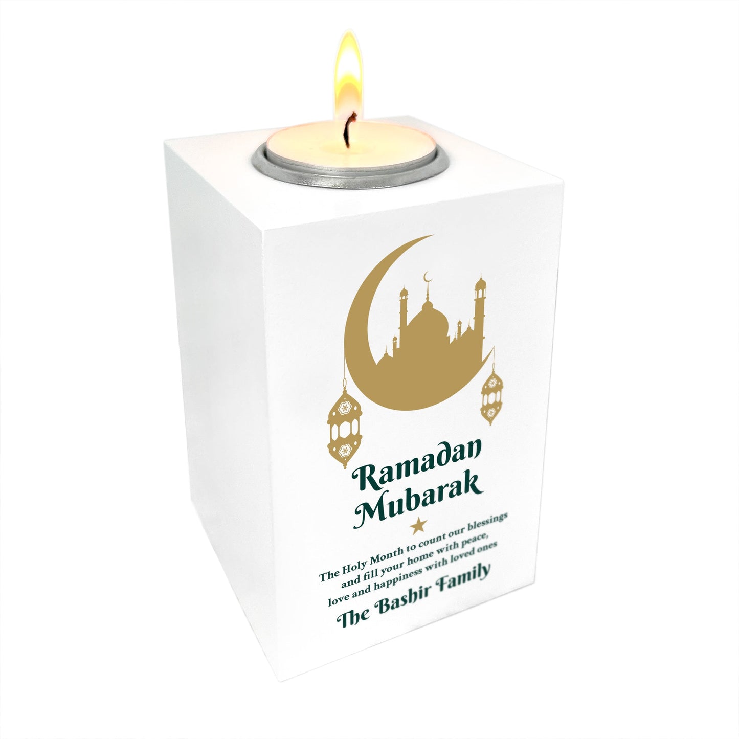 Personalised Ramadan Mubarak Crescent & Lanterns White Tea Light Holder