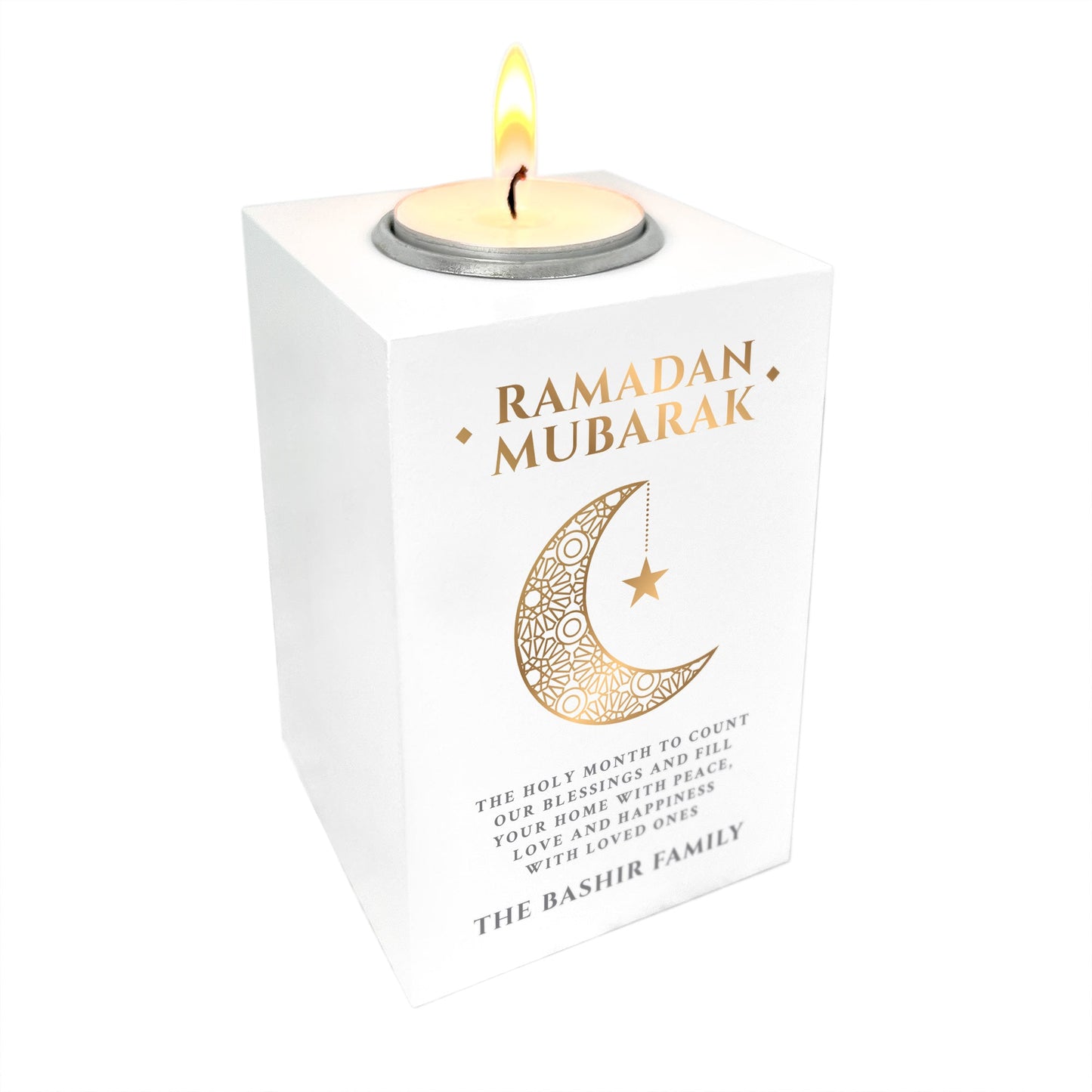 Personalised Ramadan Mubarak Crescent White Tea Light Holder
