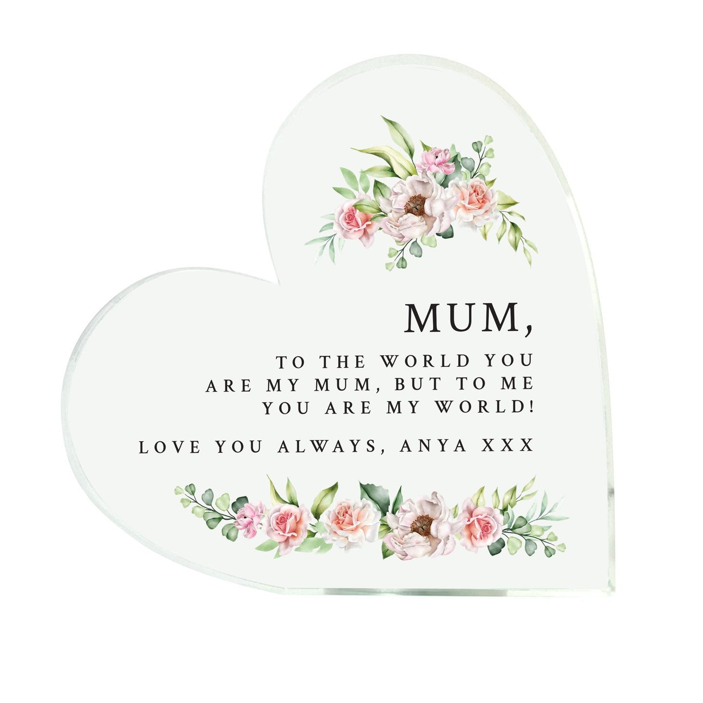 Personalised Any Message Pink Floral Acrylic Freestanding Heart