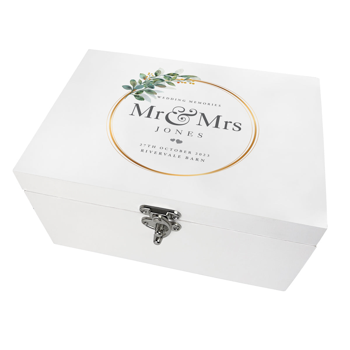Personalised Wreath Wedding White Wooden Keepsake Memory Box - 3 Sizes (22cm | 27cm | 30cm)