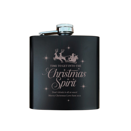 Personalised Christmas Spirit Engraved Black Metal Hip Flask 6oz