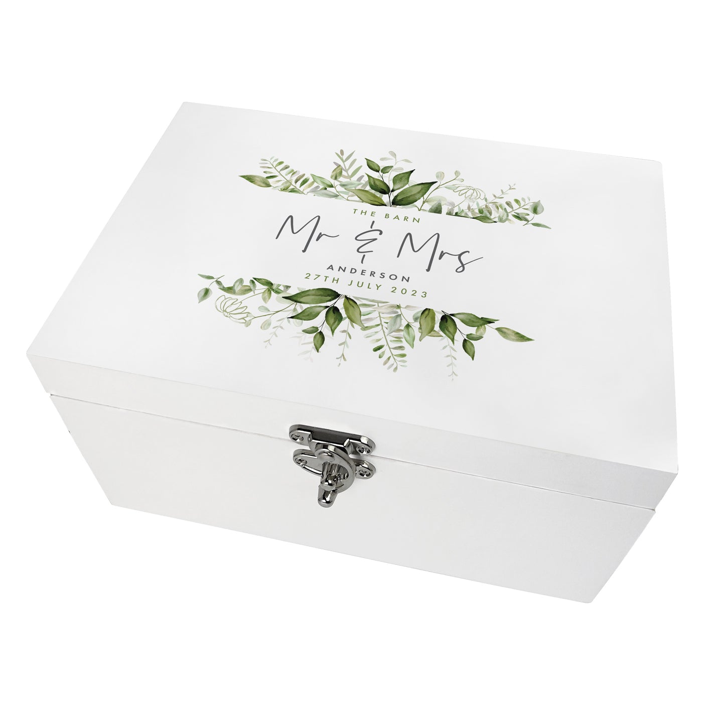 Personalised Botanical Wedding White Wooden Keepsake Memory Box - 3 Sizes (22cm | 27cm | 30cm)