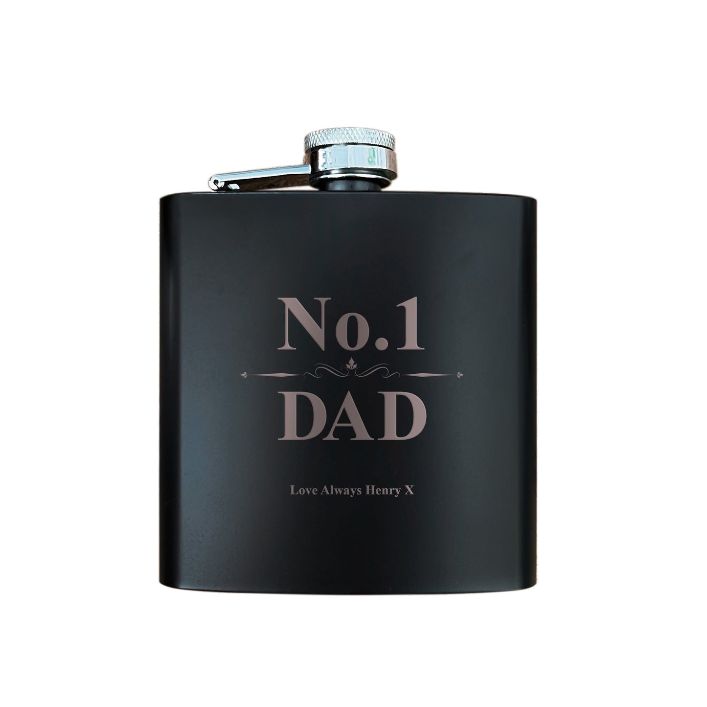Personalised No.1 Dad Scroll Engraved Black Metal Hip Flask 6oz