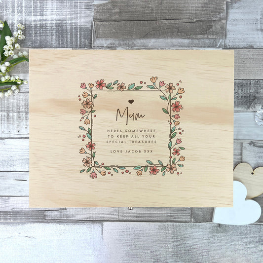 Personalised Any Message Flower Border Pine Memory Box - 5 Sizes