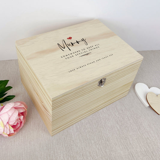 Personalised Any Name/Message Red Heart Wooden Pine Memory Box - 5 Sizes