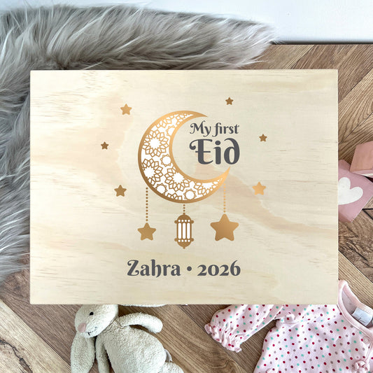 Personalised My First Eid Wooden Memory Box - 5 Sizes (16cm | 20cm | 26cm | 30cm | 36cm)