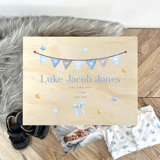 Personalised Blue Garland New Baby Keepsake Box - 5 Sizes (16cm | 20cm | 26cm | 30cm | 36cm)