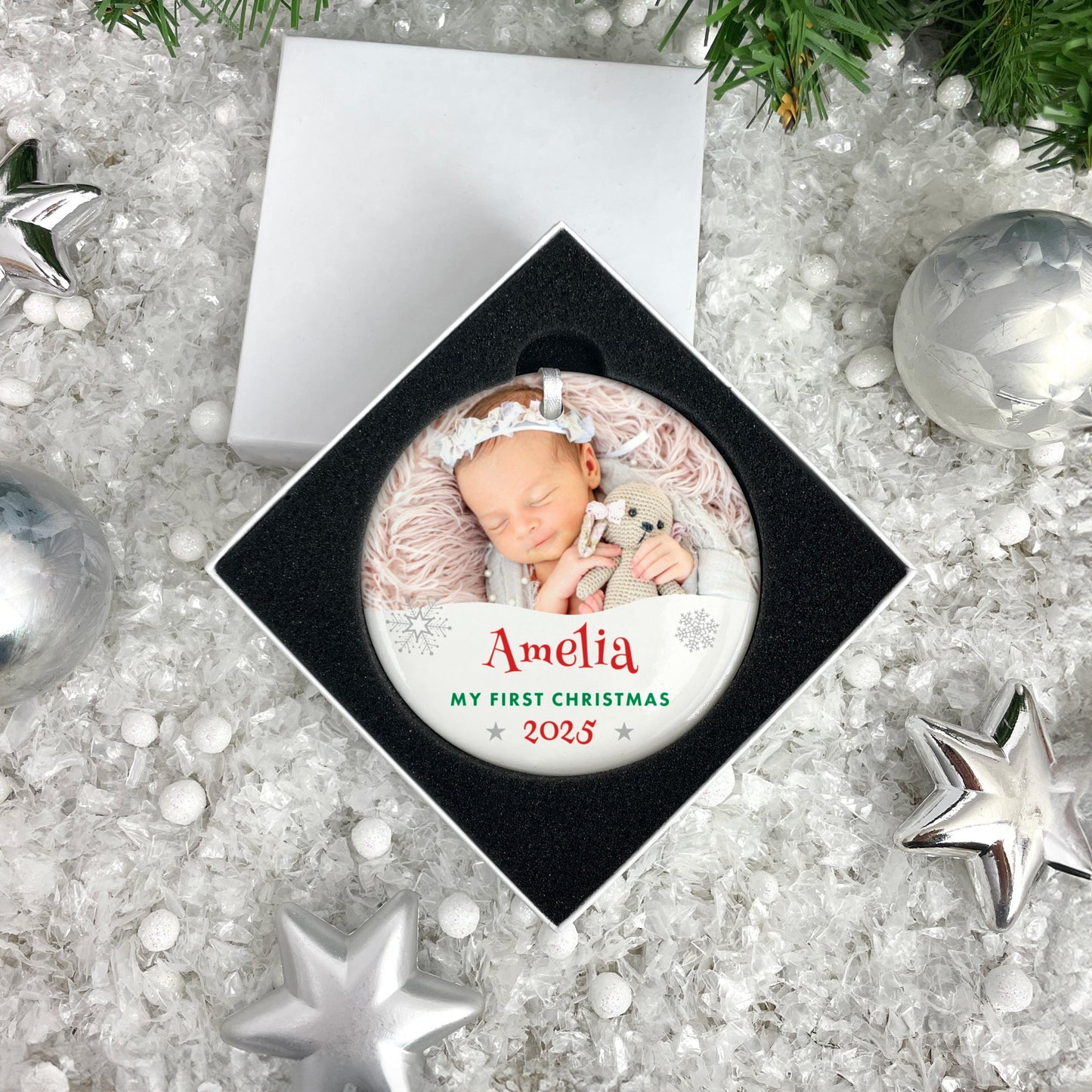 My First Christmas Photo Ceramic Disc Hanging Decoration + Gift Box