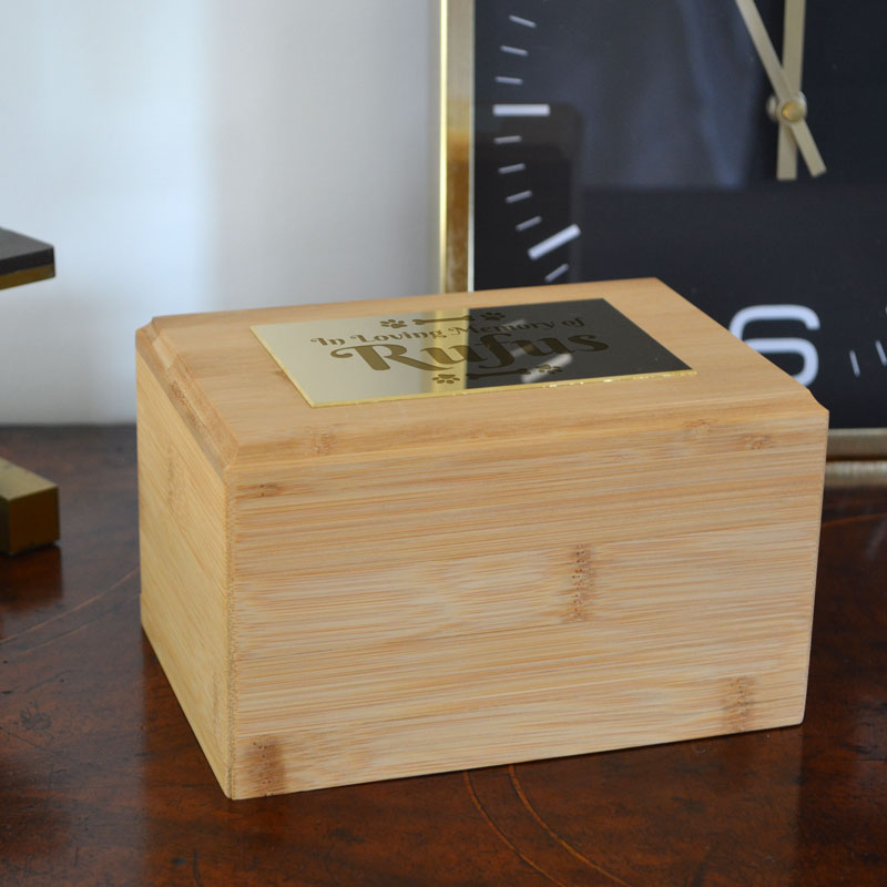Personalised Pet Urn Bamboo Engraved Brass Effect Plaque for Dogs and Cats