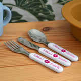 Personalised Child's Cutlery Set Pink Flowers Knife Fork and Spoon
