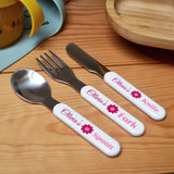 Personalised Child's Cutlery Set Pink Flowers Knife Fork and Spoon