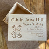 Personalised Wooden Christening Keepsake Box Teddy Bear