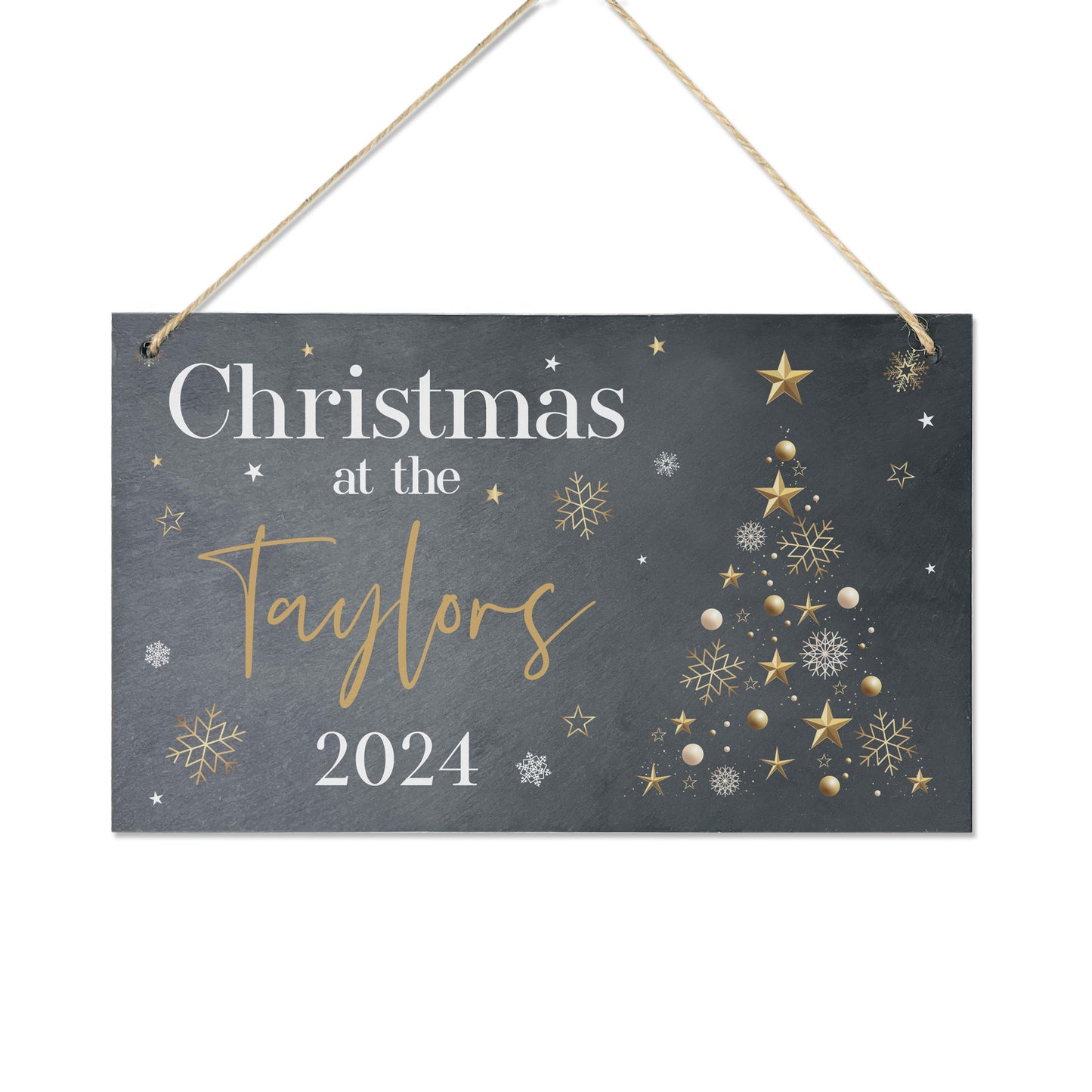 Personalised Festive Gold Slate Hanging Sign 25 x 15cm