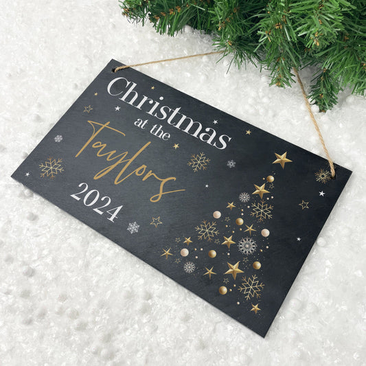 Personalised Festive Gold Slate Hanging Sign 25 x 15cm