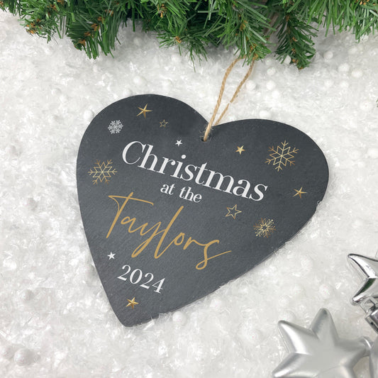 Personalised Festive Gold Slate Hanging Heart Decoration 15 x 16cm