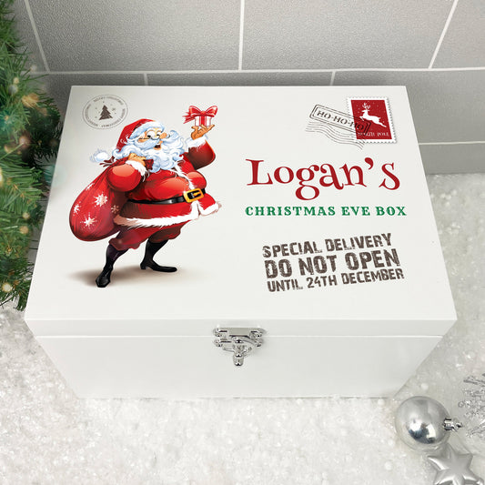 Personalised White Wooden Cartoon Santa Christmas Eve Box - 3 Sizes