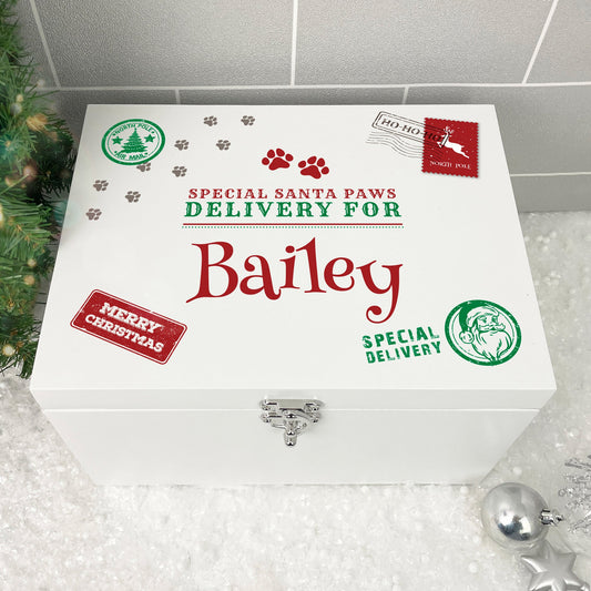 Personalised White Wooden North Pole Stamp Pet Christmas Eve Box - 3 Sizes