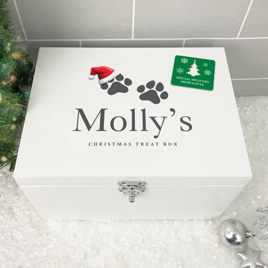 Personalised White Wooden Santa Hat Paws Pet Christmas Eve Box - 3 Sizes