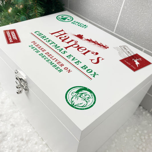 Personalised White Wooden North Pole Postal Stamp Christmas Eve Box - 3 Sizes