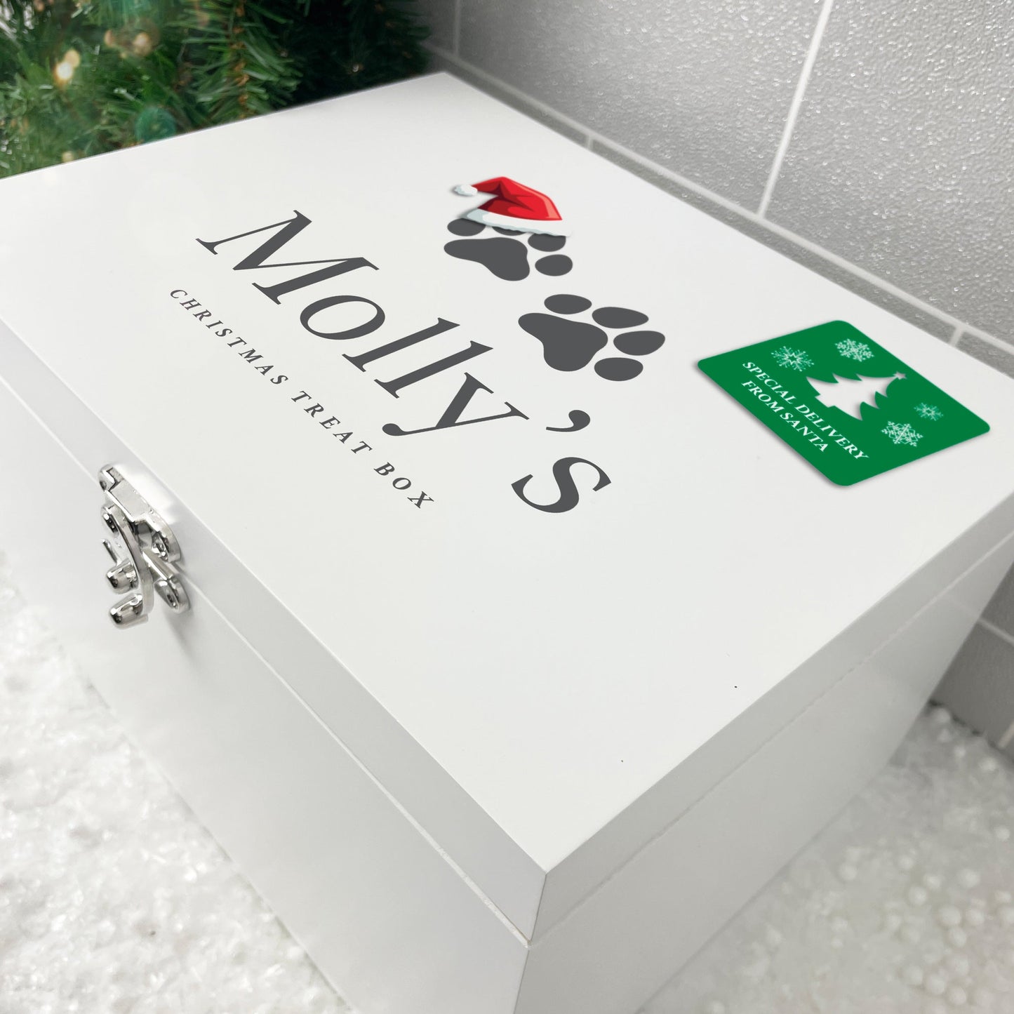 Personalised White Wooden Santa Hat Paws Pet Christmas Eve Box - 3 Sizes