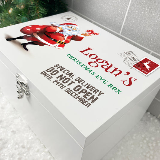 Personalised White Wooden Cartoon Santa Christmas Eve Box - 3 Sizes