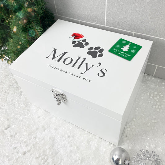Personalised White Wooden Santa Hat Paws Pet Christmas Eve Box - 3 Sizes