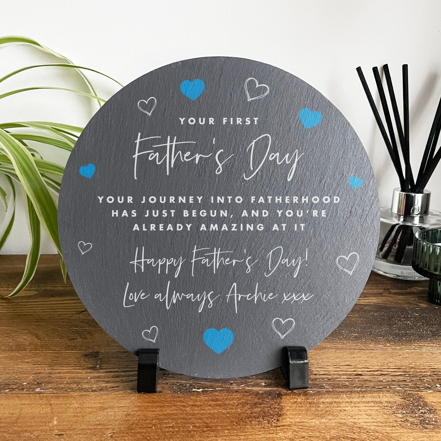 Personalised First Father's Day Circular Slate With Stand 20cm