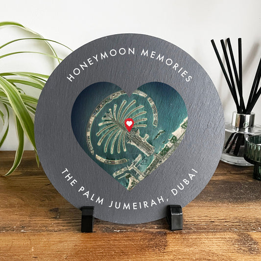 Personalised Heart Map Location Circular Slate Plaque With Stand 20cm