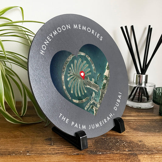 Personalised Heart Map Location Circular Slate Plaque With Stand 20cm