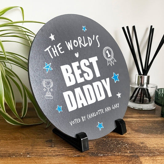 Personalised The World's Best Dad Circular Slate With Stand 20cm