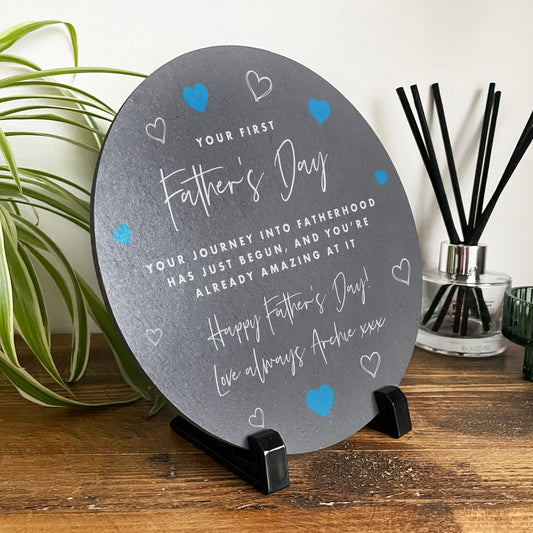 Personalised First Father's Day Circular Slate With Stand 20cm