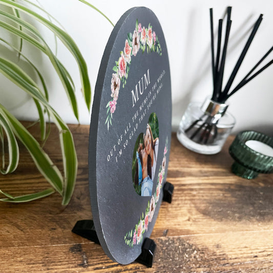 Personalised Any Message Pink Floral Circular Decorative Slate With Stand 20cm