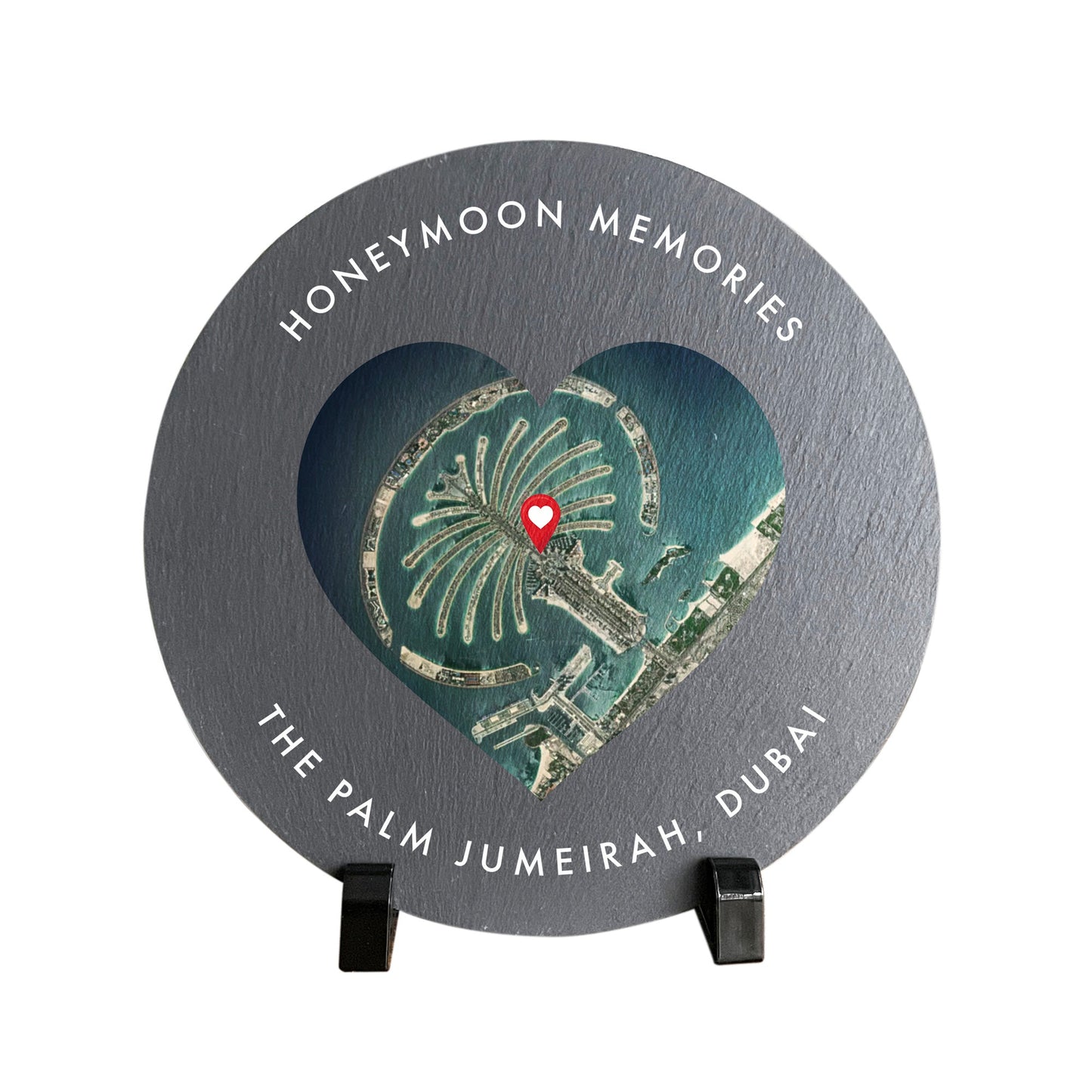 Personalised Heart Map Location Circular Slate Plaque With Stand 20cm