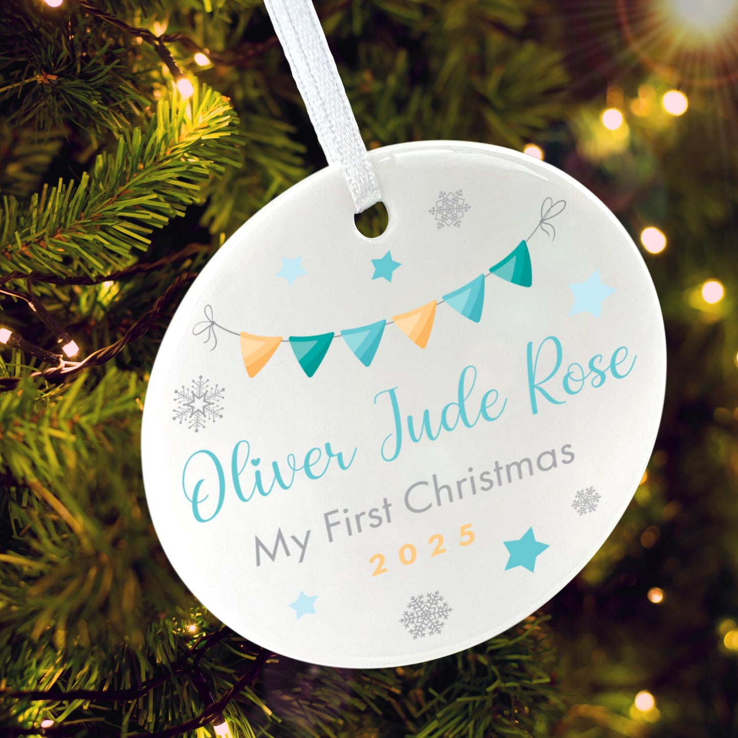 My First Christmas Baby Boy Garland Ceramic Disc Hanging Decoration + Gift Box